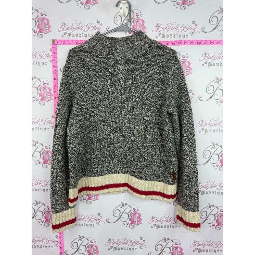 Roots cabin sweater Marled Gray Crewneck Sweater Contrast Stripe Hem wool knit